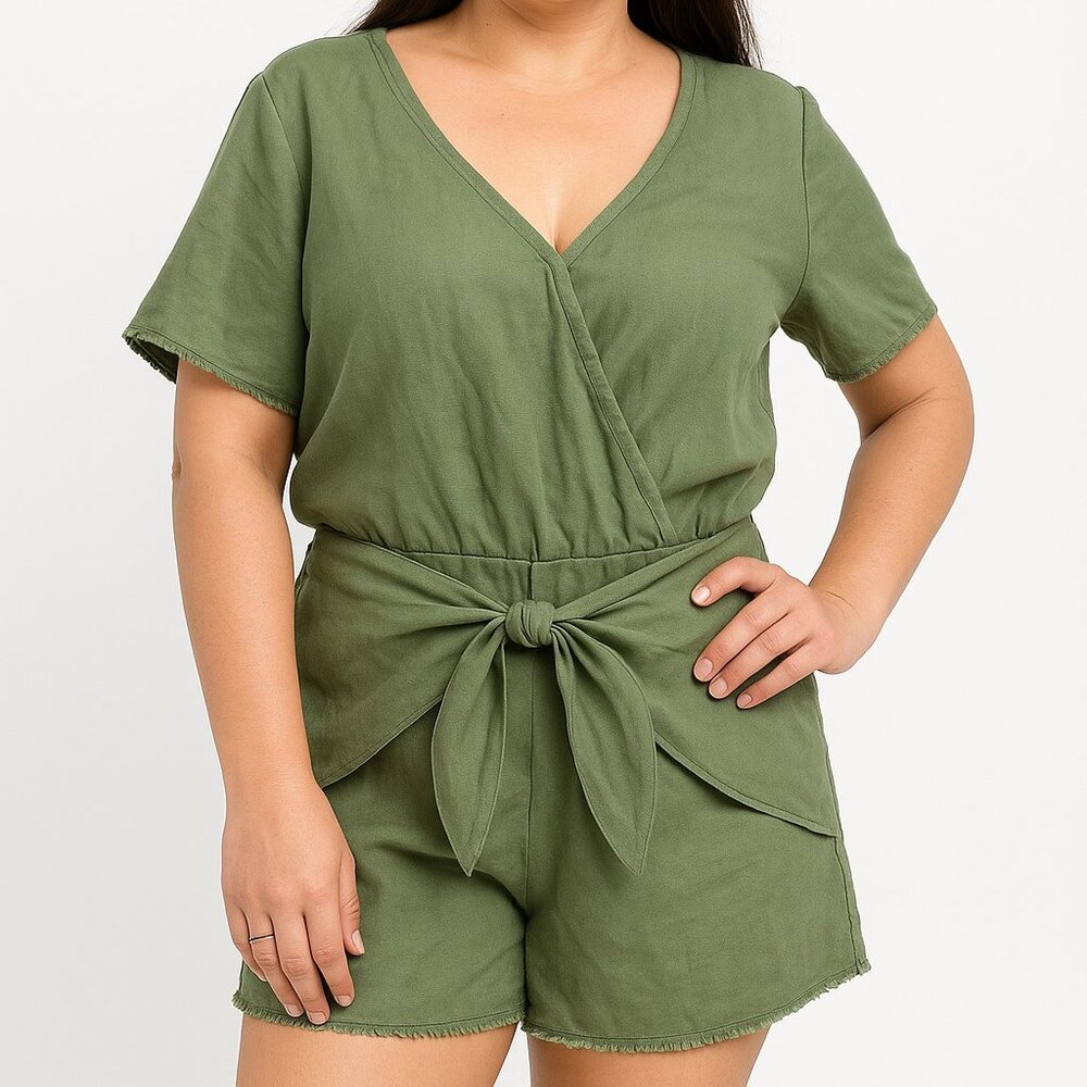 Sanctuary Paradise Cadet Green Short Sleeve Tie Front Linen Romper Womens XL NWT
